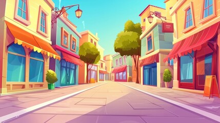 Obraz premium A Colorful Cartoon Street with Shops and Awnings
