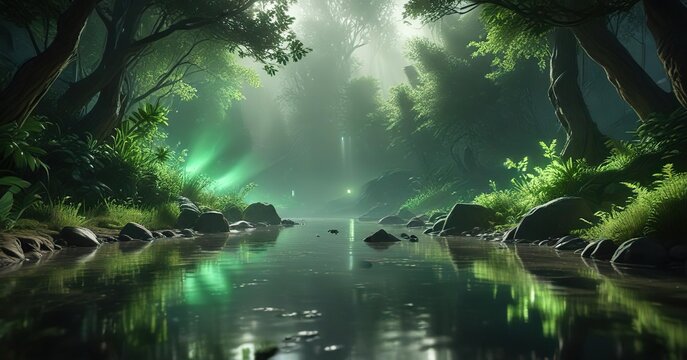 Natural ambiance of a serene environment with an ethereal green glow, peaceful atmosphere, ambient light