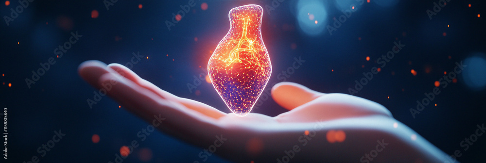 Poster an ethereal thyroid model floating above a person's hand, with abstract light trails symbolizing the