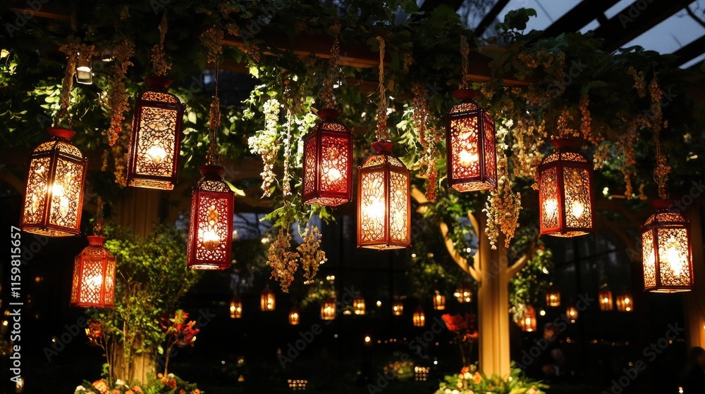 Poster ornate lanterns hanging with soft glow in a festive setting
