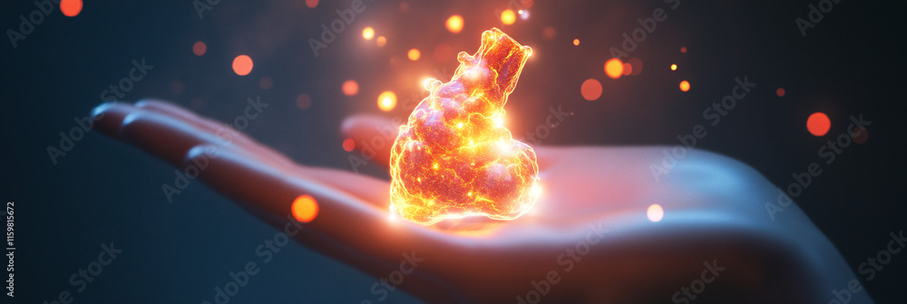Poster an ethereal thyroid model floating above a person's hand, with abstract light trails symbolizing the