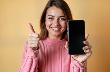 Naklejka premium Young woman in pink sweater shows phone with blank screen. Smiling happily gives thumbs-up gesture. Studio shot against light beige background. Image highlights blank phone screen perfect for