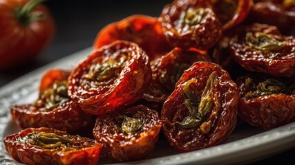 A close-up of sun-dried tomatoes arranged on a plate, showcasing their rich color and texture.