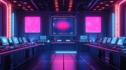 Futuristic control room with neon lights and monitors.