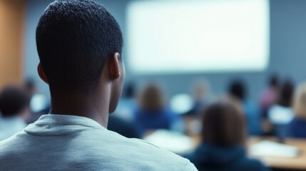 Student delivering a presentation in a modern classroom. Featuring a projector and attentive audience
