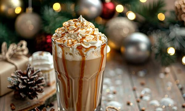 Festive caramel latte topped with whipped cream, drizzled syrup, holiday decorations around