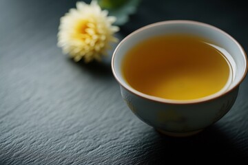 Hot Chrysanthemum tea in black setting