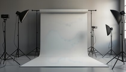 Empty photo studio with gray paper background. Lighting equipment, tripods positioned around background. Modern studio design. Minimalist backdrop for product person photos. Pro photo set up in