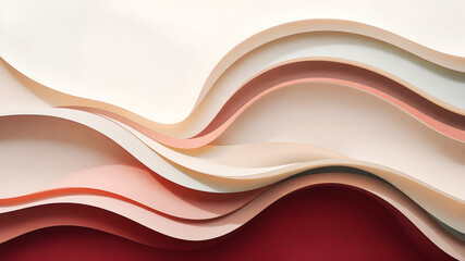 Layered curves in pale ivory, muted cherry red, and light steel blue, softly illuminated with gentle shadows for a harmonious background