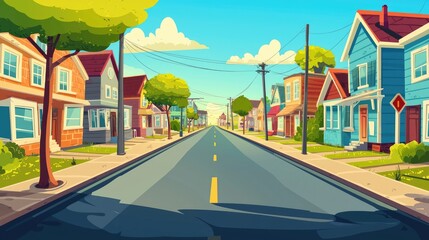 Naklejka premium A cartoon depiction of a suburban street with colorful houses and a paved road.