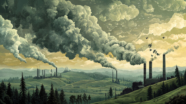 An industrial landscape where smokestacks rise above rolling hills, with thick clouds of smoke transforming into abstract shapes