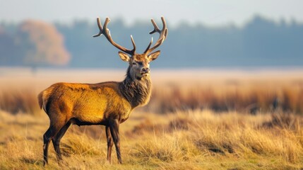 Obraz premium Majestic red deer stag in autumnal field.