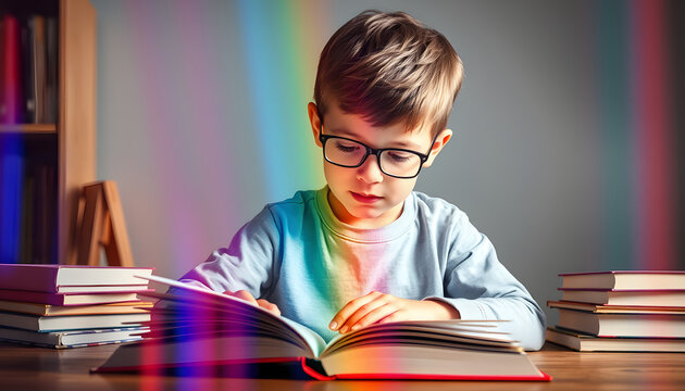 Kid affected by dyslexia doing homework, reading book using colorful overlay strip. Education, learning disability, reading difficulties concept isolated with white highlights, png