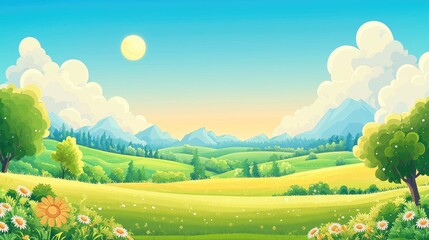 Fototapeta premium Sunny Day Landscape with Rolling Green Hills and Mountains