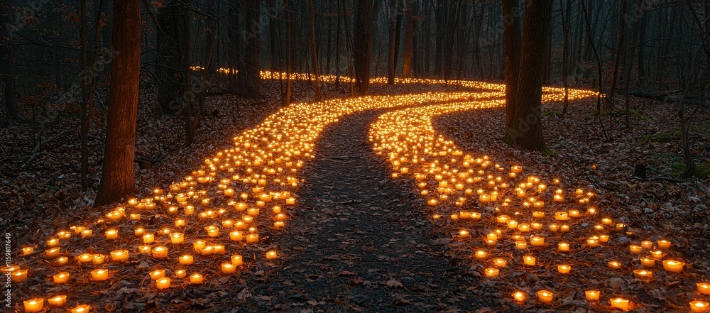Poster a winding path illuminated by numerous candles in a serene forest setting.