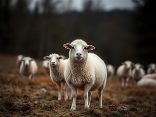 Obraz premium A flock of white sheep are standing in a field.