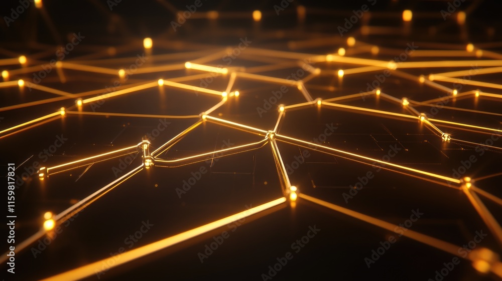 Poster abstract golden light network with lines and nodes in dark background