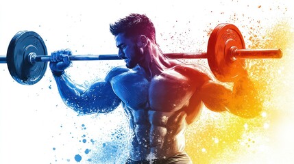 Muscular man lifting barbell, color splash background.