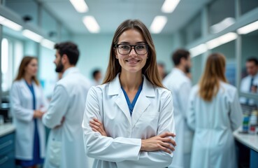 Young female scientist in lab coat with glasses stands confidently. Team of specialists work in background. Modern medical science lab. Pro, happy, attractive scientist. Focused on innovation,