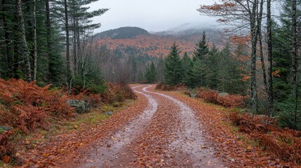 A winding dirt road through a forest with autumn foliage and misty mountains in the background.