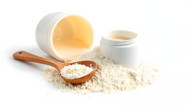 Pile of bovine colostrum powder with wooden spoon and white container on white background. Colostrum benefits for immune system and gut health concept isolated with white highlights, png