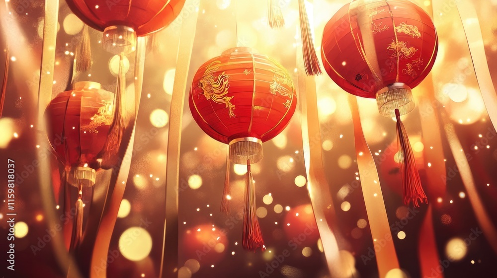 Aufkleber glowing red lanterns with ribbons and bokeh effect background