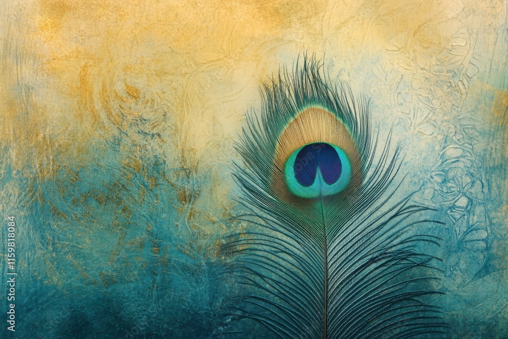Leinwandbilder Close up view of a single peacock feather highlighting intricate textures with vibrant colors and ample copy space for design. Generative AI