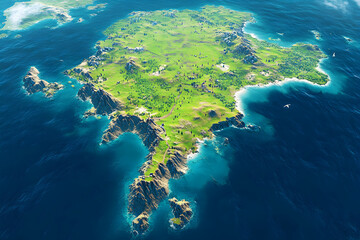 Obraz premium Aerial view of a lush green island surrounded by vibrant blue ocean water. Perfect for travel, environmental, or geographical projects.