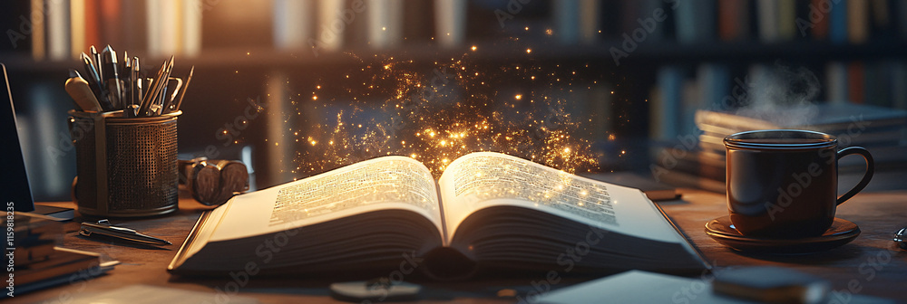 Poster an open book with a glowing light emanating from its pages, surrounded by various tools like a lapto