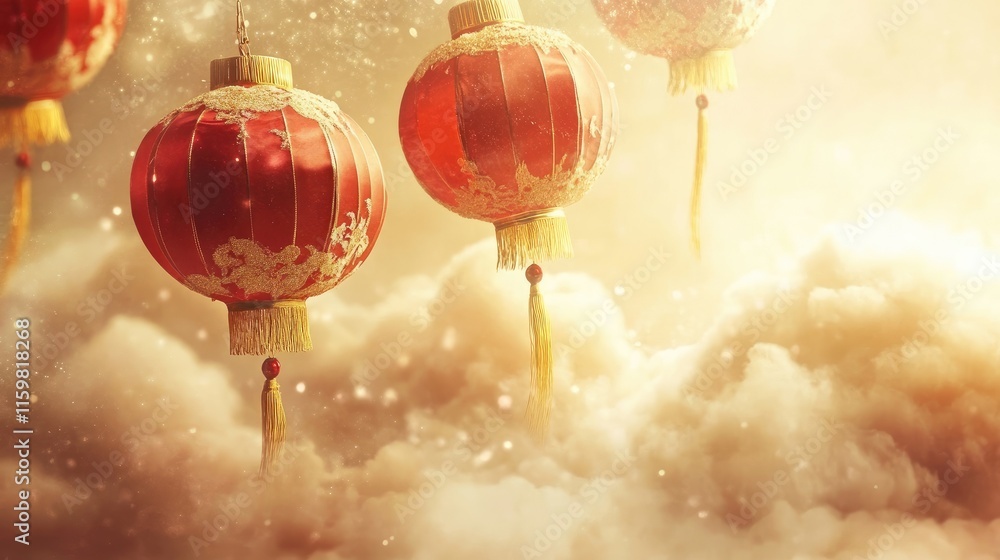 Poster elegant red lanterns floating above soft clouds in dreamy light