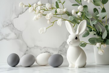 Obraz premium Decorative easter bunny and eggs with flowers on marble tabletop