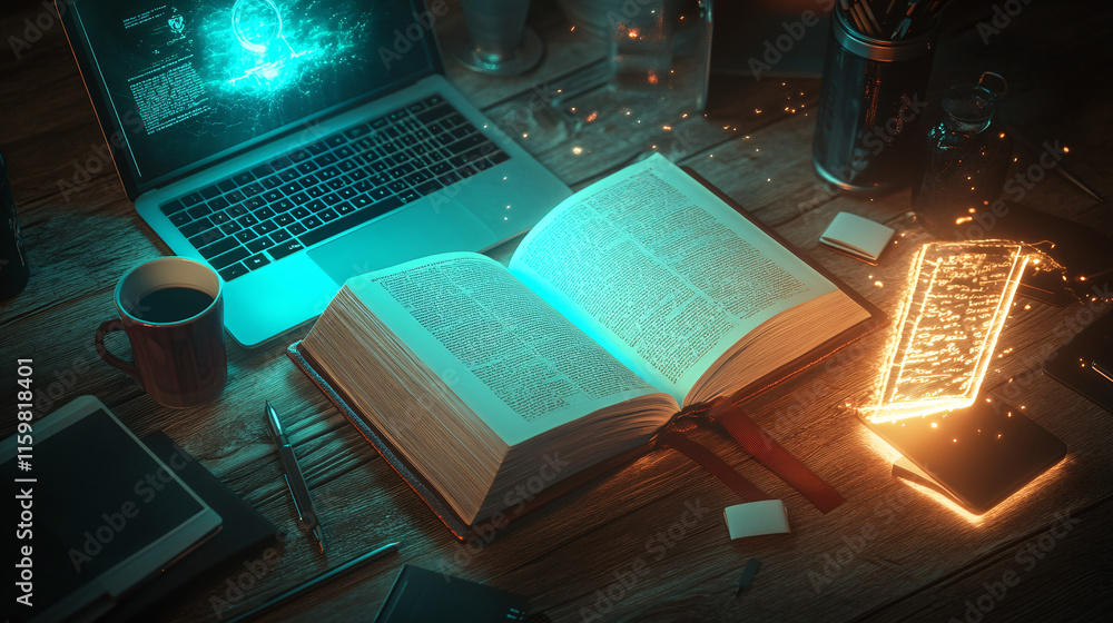 Poster an open book with a glowing light emanating from its pages, surrounded by various tools like a lapto