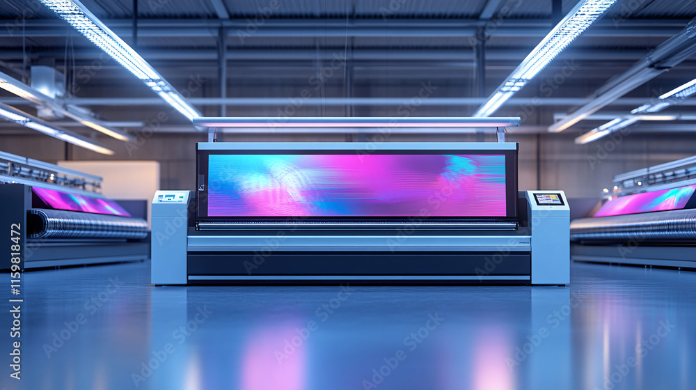Poster an ultra-modern dtf printing setup with holographic screens displaying real-time design adjustments,