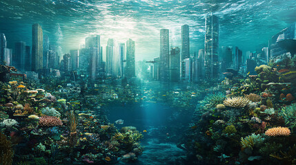 An underwater city with skyscrapers made of coral, inhabited by diverse marine life, symbolizing a utopian coexistence with nature. 
