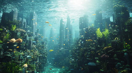 Fototapeta premium An underwater city with skyscrapers made of coral, inhabited by diverse marine life, symbolizing a utopian coexistence with nature. 