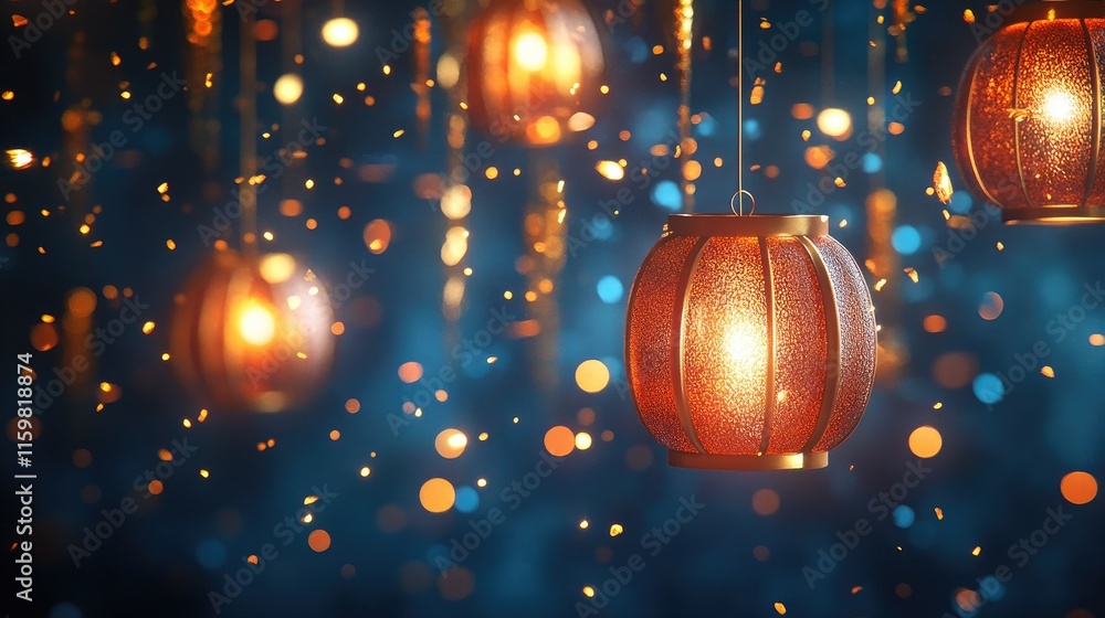 Poster warm lanterns with soft glow in dim ambient light background