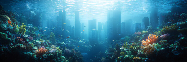 An underwater city with skyscrapers made of coral, inhabited by diverse marine life, symbolizing a utopian coexistence with nature.  