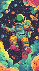 A colorful astronaut floats in space surrounded by planets and stars.
