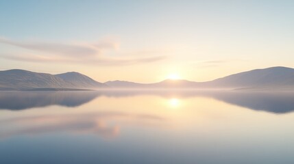 A serene landscape at sunrise, featuring calm waters reflecting mountains and soft pastel colors in the sky.