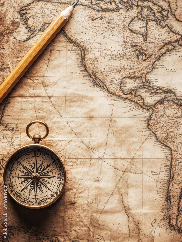 Aufkleber vintage map with compass and pencil on rustic background for travel planning and exploration mock up