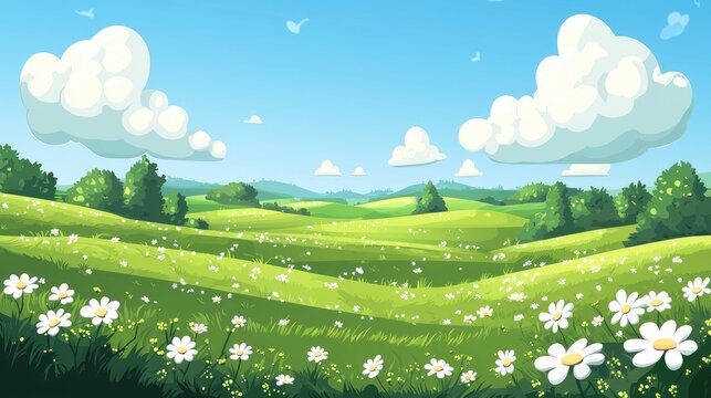 A lush green meadow with rolling hills, scattered white flowers, and fluffy white clouds against a bright blue sky.