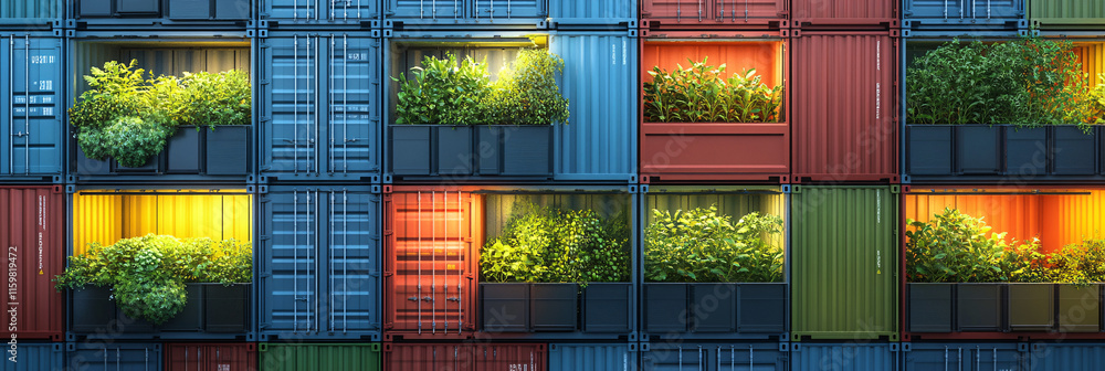 Poster stacks of colorful shipping containers with windows, inside which fresh produce grows under artifici