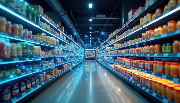 AI powered retail analytics optimizes product placement, inventory. Supermarket displays optimized food items. Smart tech visualizes inventory on shelves. Future store design. Modern strategy for