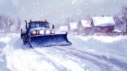 Snowplow machine removing snow on a rural road, providing access after snowfall, illustrated in a soft, painterly art style