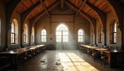 Fototapeta premium A spacious, sunlit room with high arched ceilings, wooden beams, and arched windows, featuring long tables and wooden chairs, evoking a sense of grandeur and tranquility.