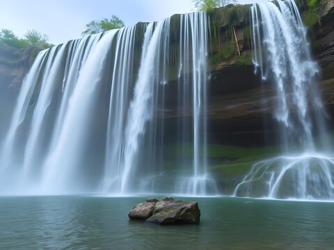 A majestic waterfall cascades down a rocky cliff face into a crystal-clear pool below.