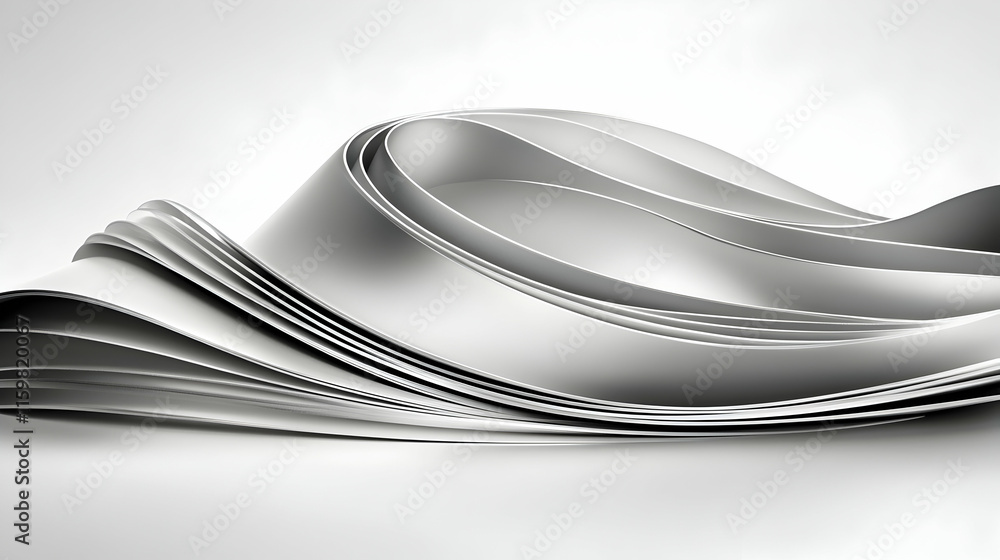 Poster abstract grayscale image of flowing, layered paper, creating dynamic curves and folds, suggesting mo