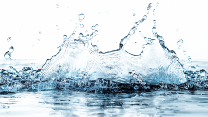Blue water splash with droplets and ripples on a reflective surface, featuring bold black contrast elements on a transparent background.