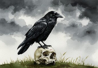 Fototapeta premium Ominous Raven Perched on Skull with Dramatic Cloudy Backdrop in Watercolor Style