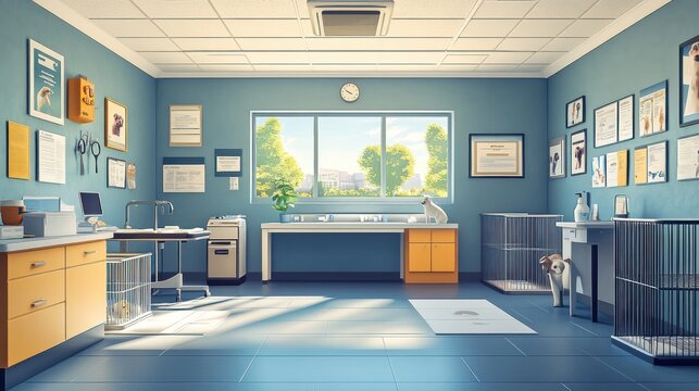 Sunlit veterinary clinic interior with exam table, cages, and pet supplies.
